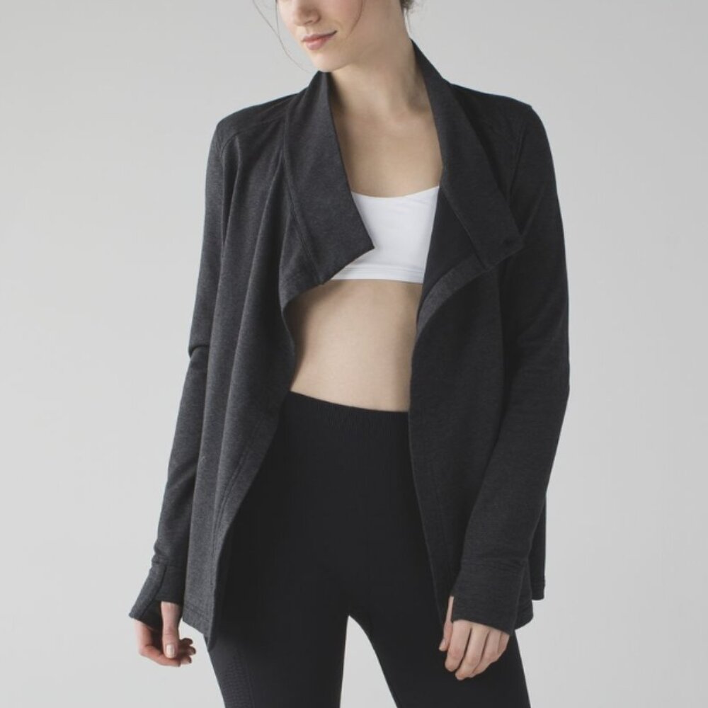 Lululemon Coast Wrap II Heathered Black Gray Cardigan Sweater Open Front Size 6